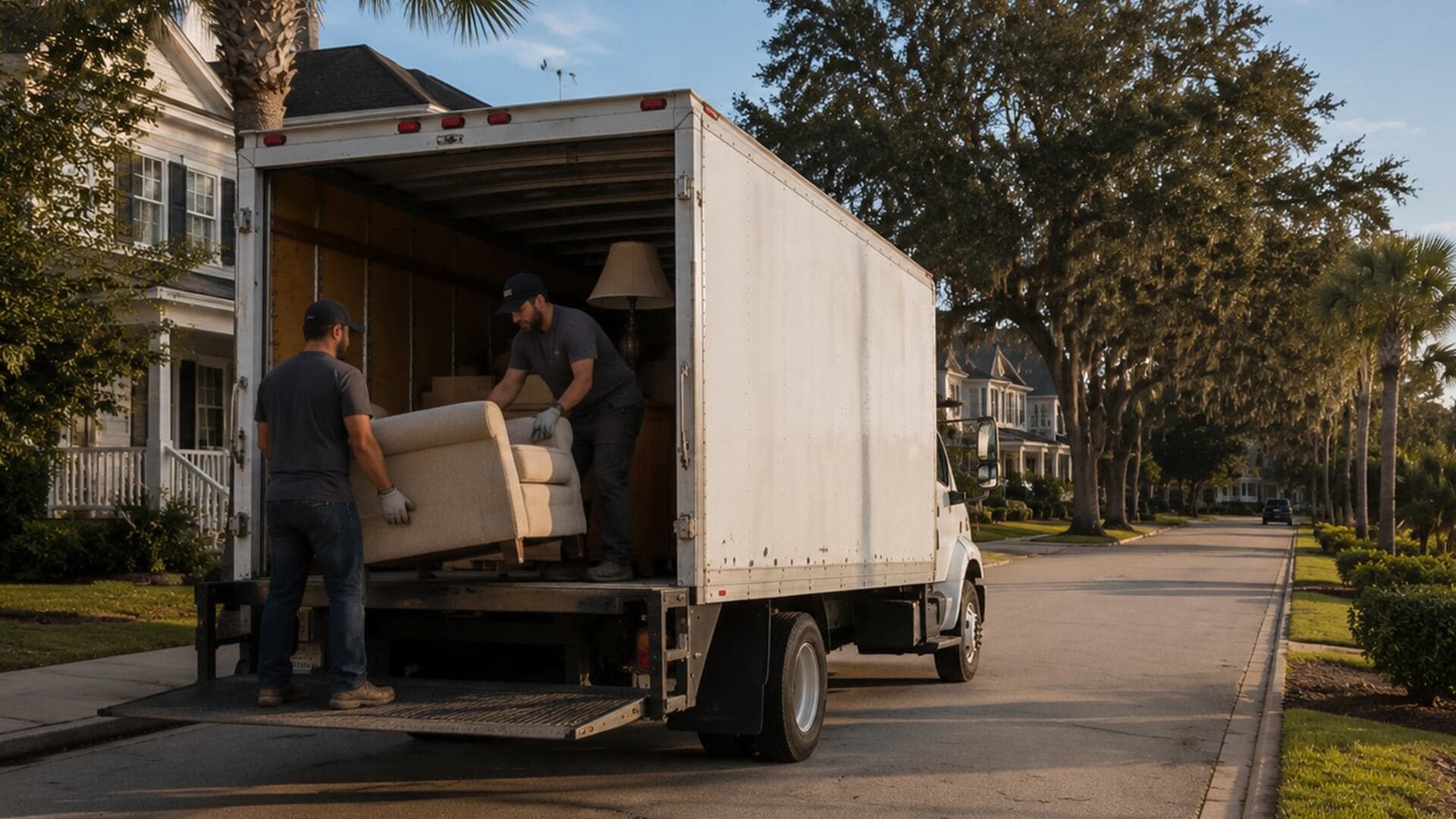 Golden Isles Junk Removal crew loading a couch into a box truck during a residential furniture removal service in Brunswick, Georgia.