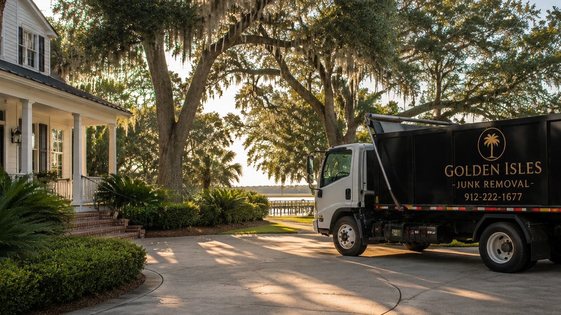 Golden Isles Junk Removal truck parked at a coastal Georgia home providing fast residential junk removal and hauling services.
