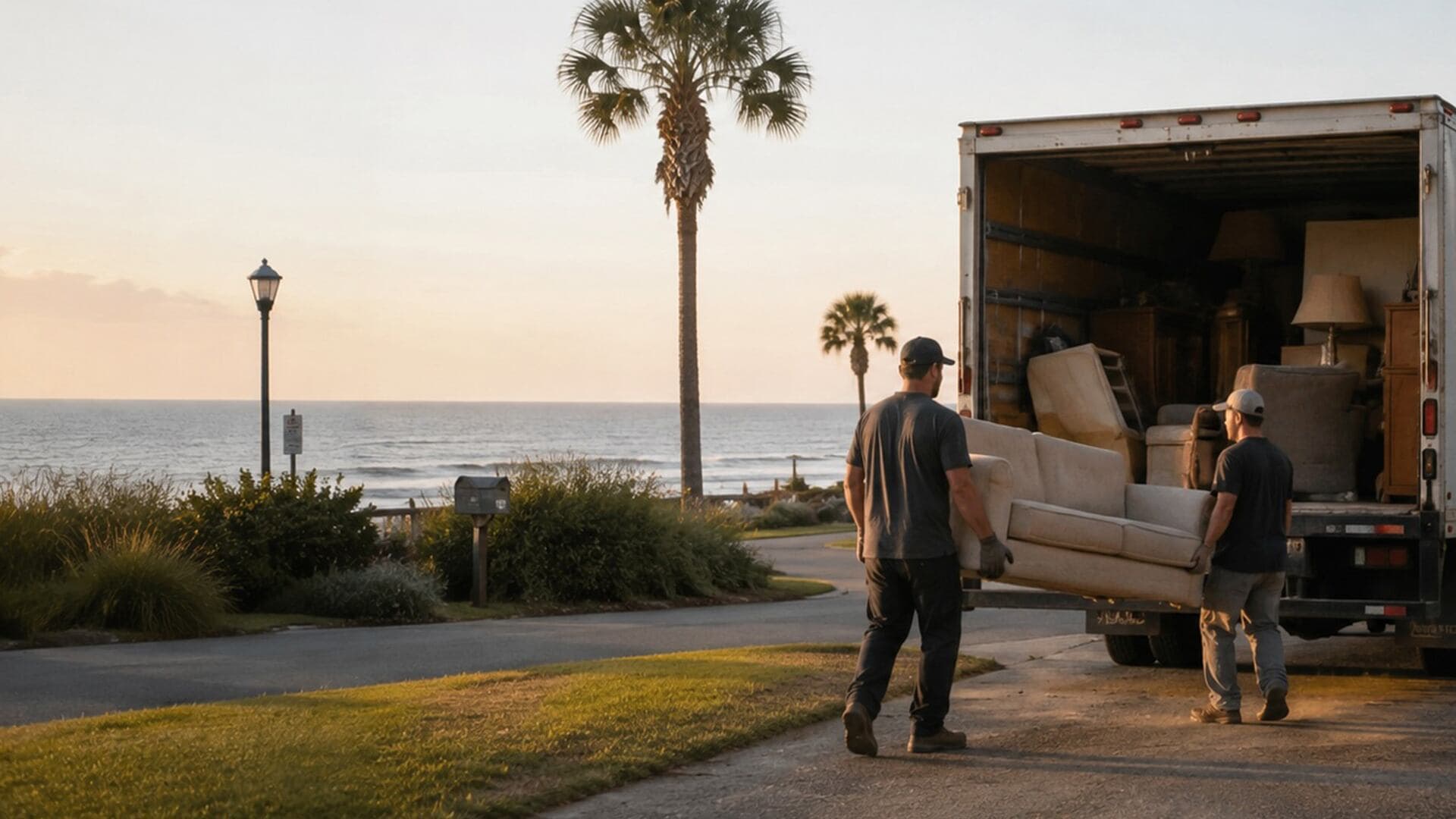 Professional junk removal team carrying a sofa into a truck during a furniture pickup near the Georgia coast.