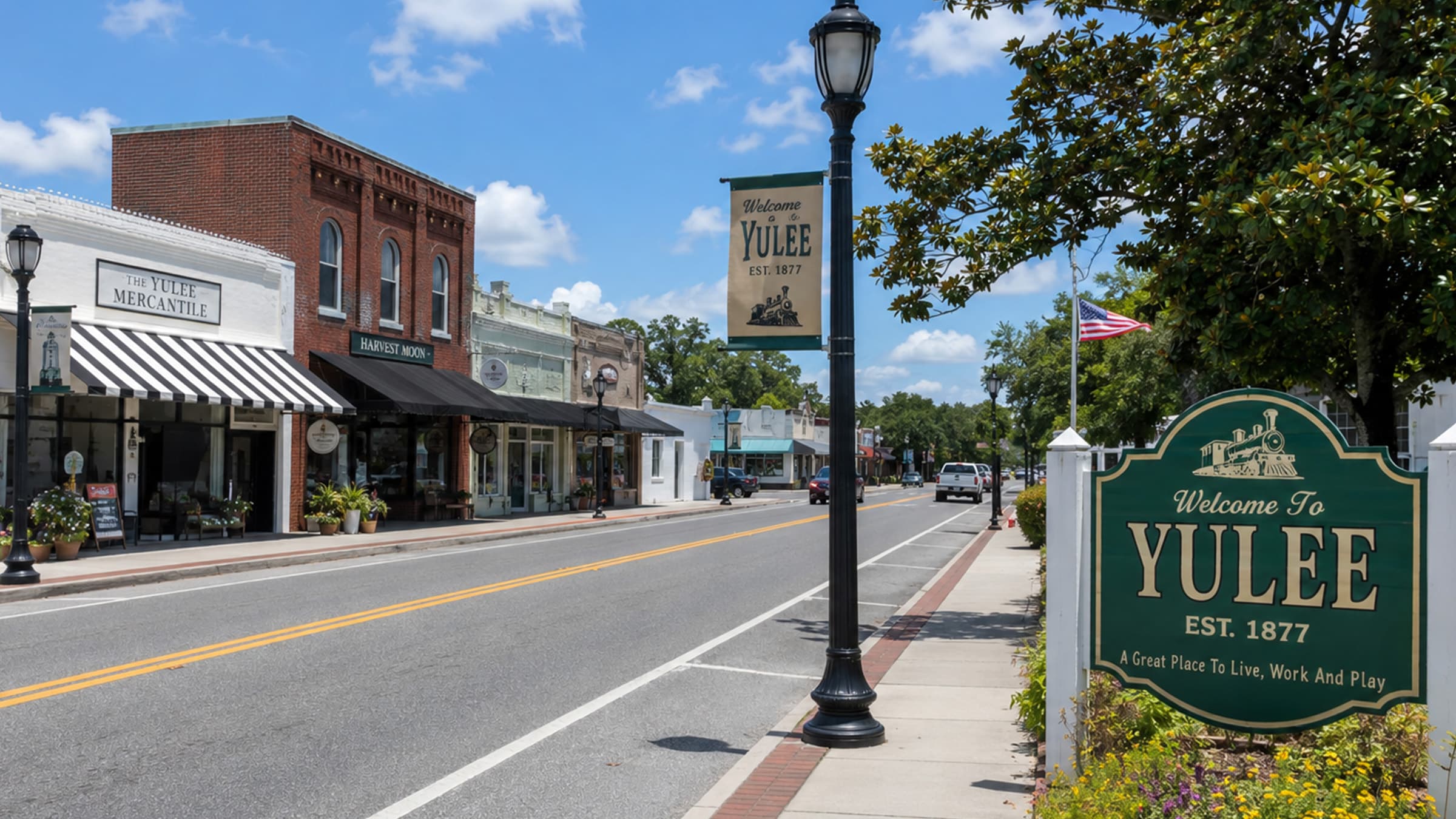 Downtown Yulee, Florida featuring local shops, historic storefronts, and the Welcome to Yulee sign within the Golden Isles Junk Removal service area.