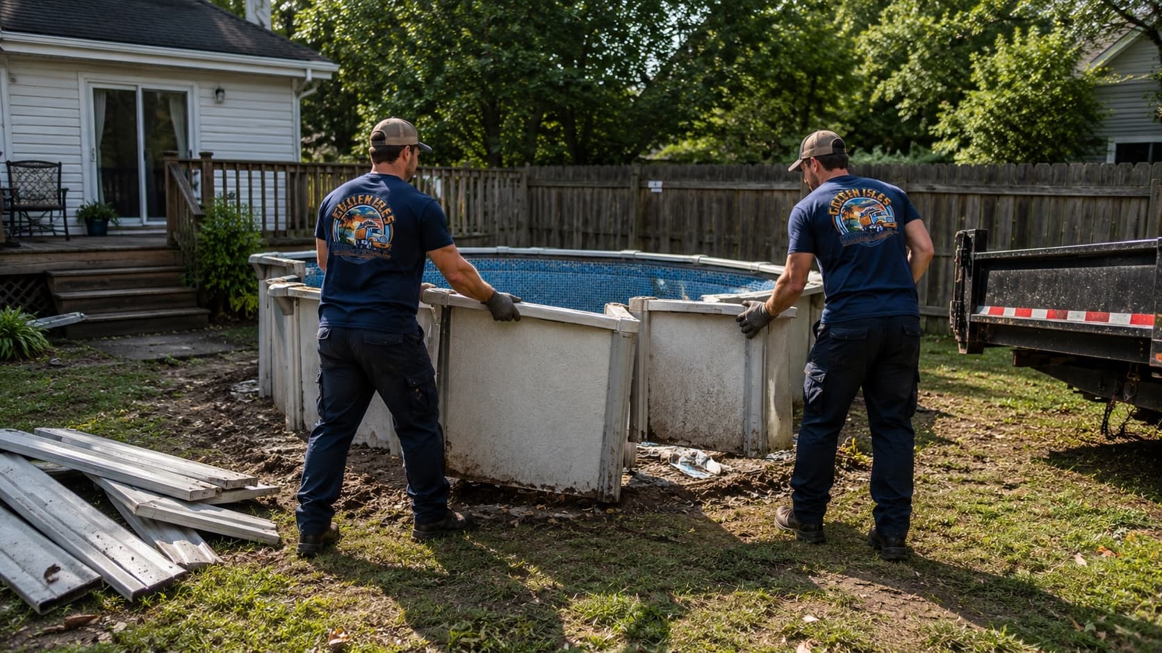 Golden Isles Junk Removal crew tearing down and hauling away an above-ground pool from a coastal Georgia backyard.