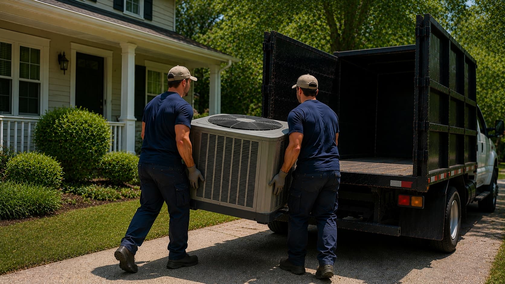Removing a heavy window air conditioner for safe disposal with Golden Isles Junk Removal.