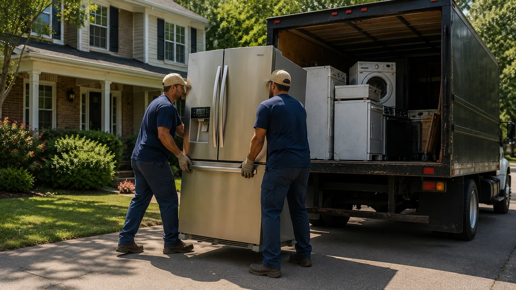 Golden Isles Junk Removal crew hauling away a refrigerator during an appliance removal job in coastal Georgia.