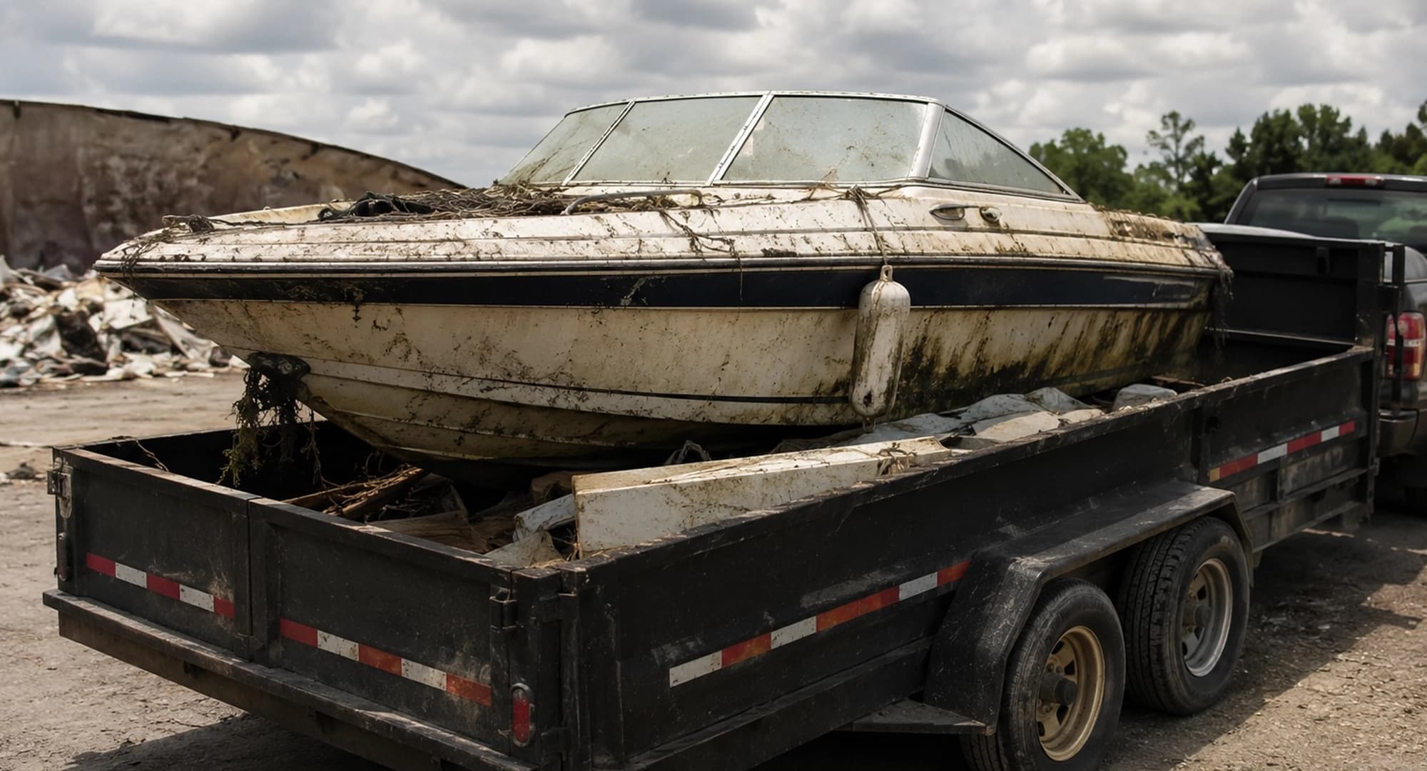 Weathered fiberglass runabout loaded in a Golden Isles Junk Removal dump trailer for boat removal in the Golden Isles, Georgia.