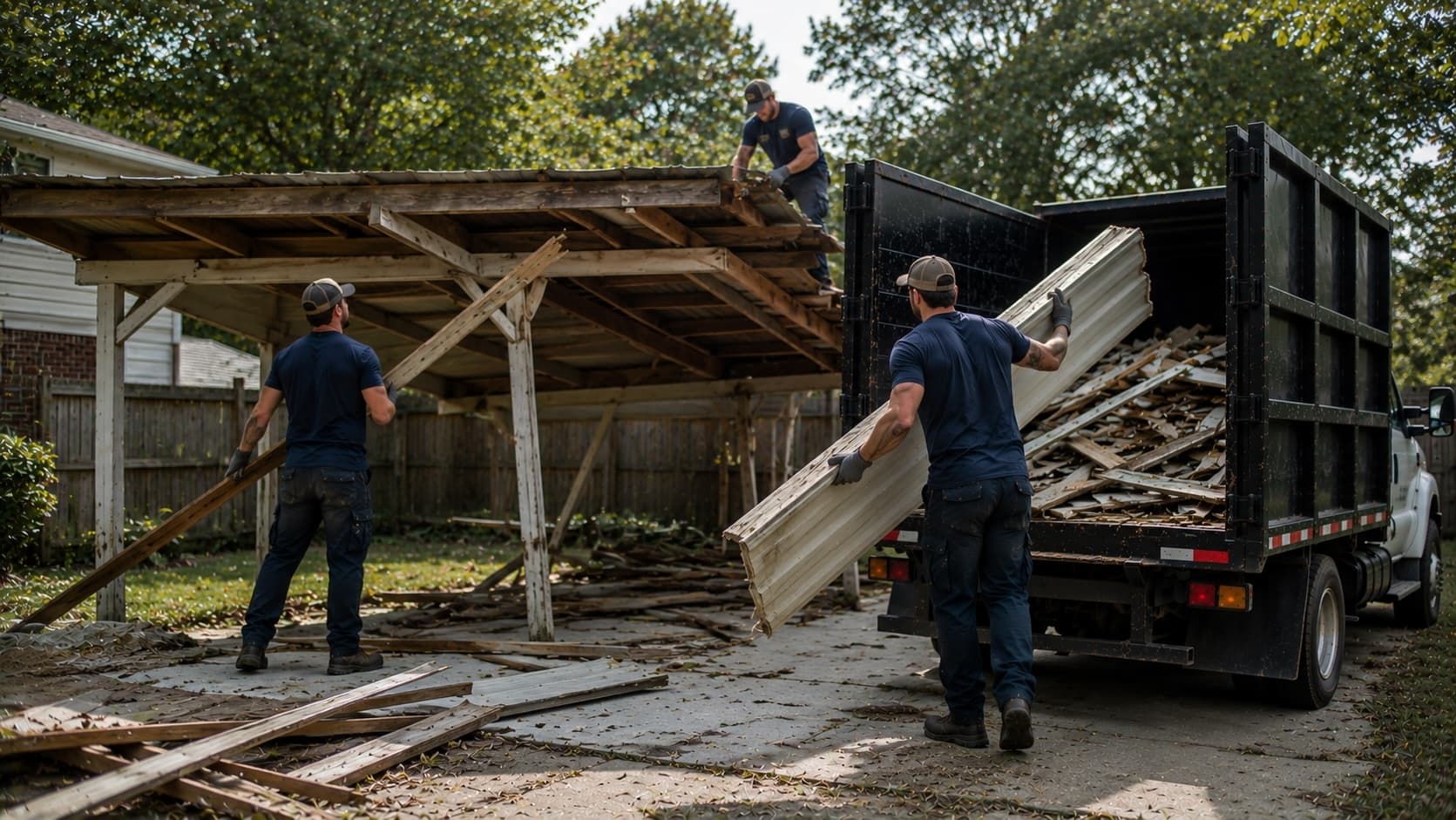 Golden Isles Junk Removal crew dismantling and hauling away a freestanding metal carport in coastal Georgia.