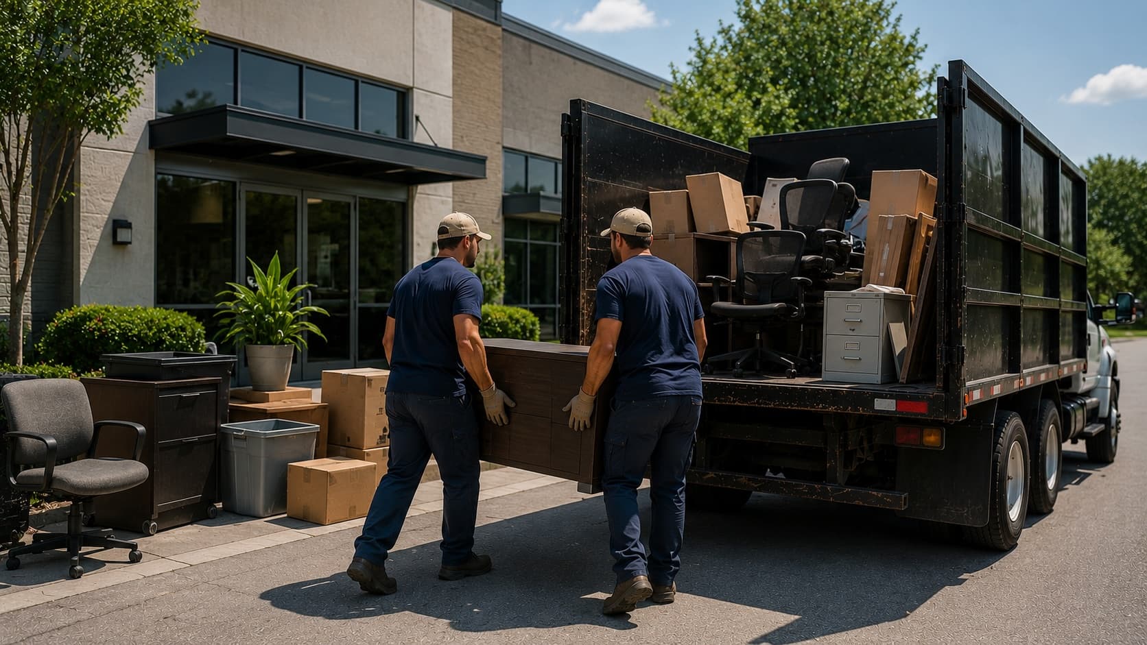 Golden Isles Junk Removal crew clearing out office furniture and equipment during a commercial junk removal job in coastal Georgia.