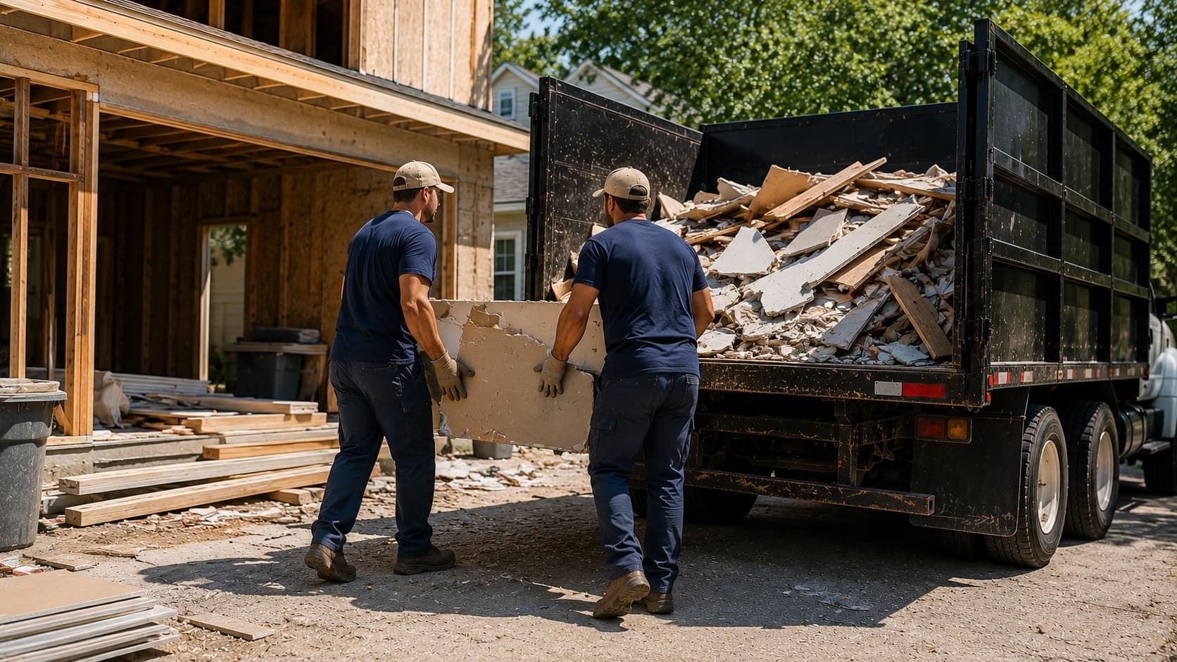 Golden Isles Junk Removal crew loading drywall, lumber, and construction debris into the truck at a coastal Georgia job site.