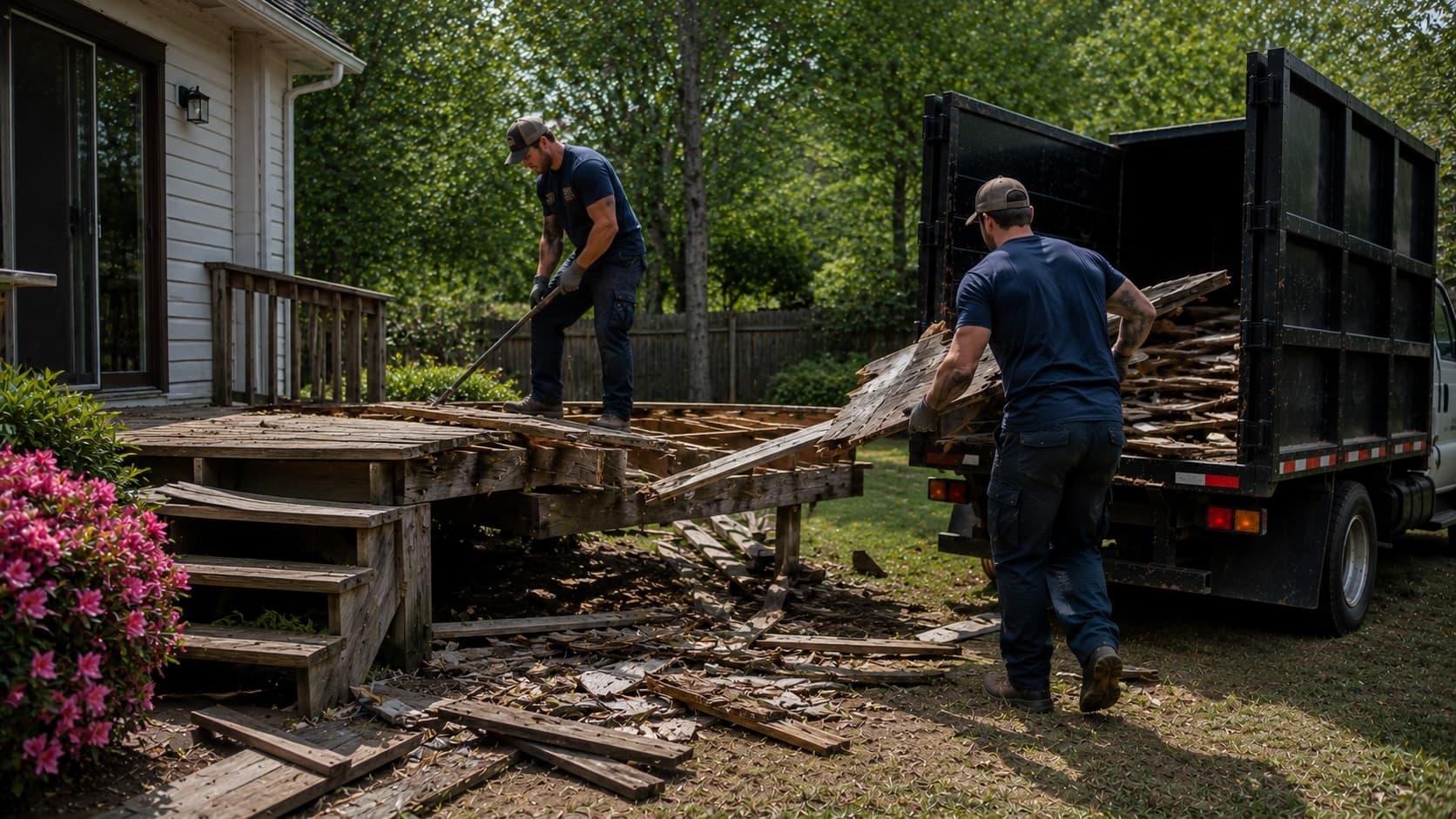 Golden Isles Junk Removal crew tearing down and hauling away an old freestanding backyard deck in coastal Georgia.