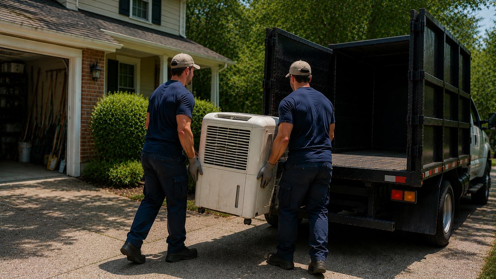 Hauling away an unwanted dehumidifier as part of a residential appliance removal service.