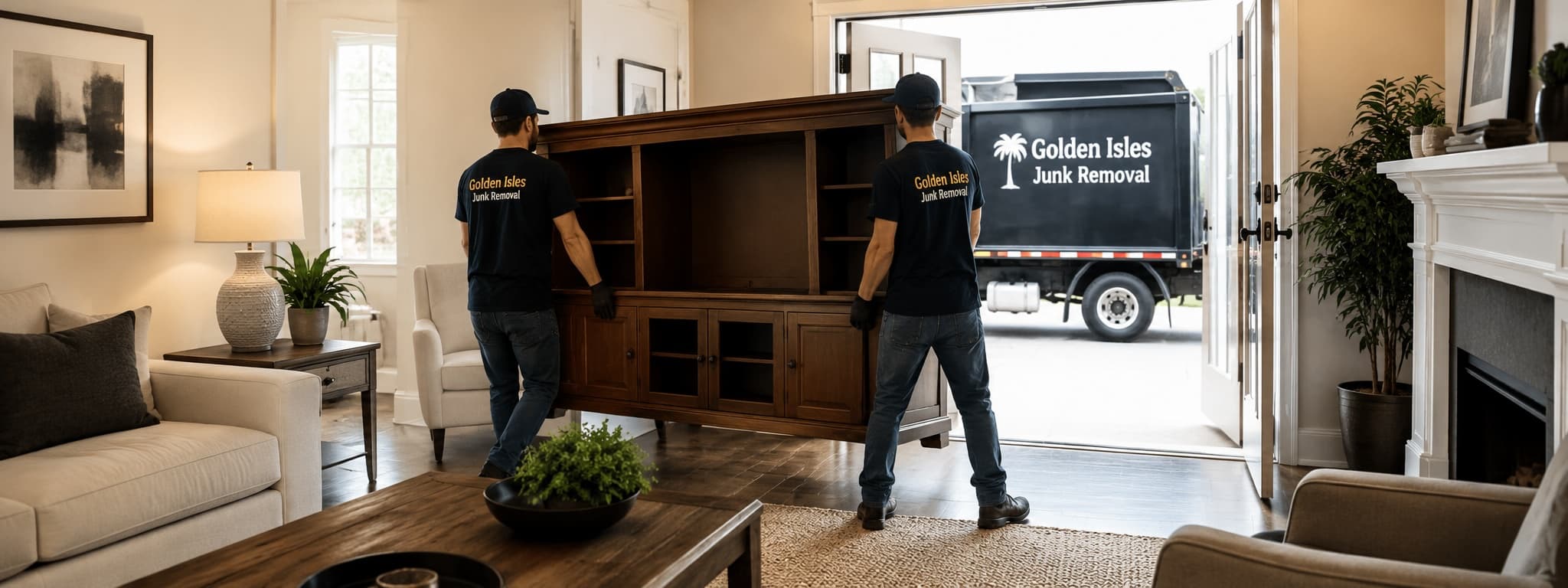 A large entertainment center being removed by the Golden Isles Junk Removal crew during a furniture removal in coastal Georgia.