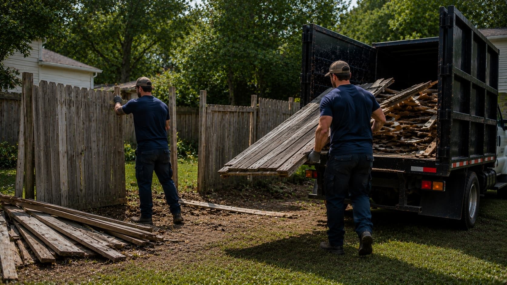 Golden Isles Junk Removal crew pulling out and hauling away an old wooden fence in coastal Georgia.