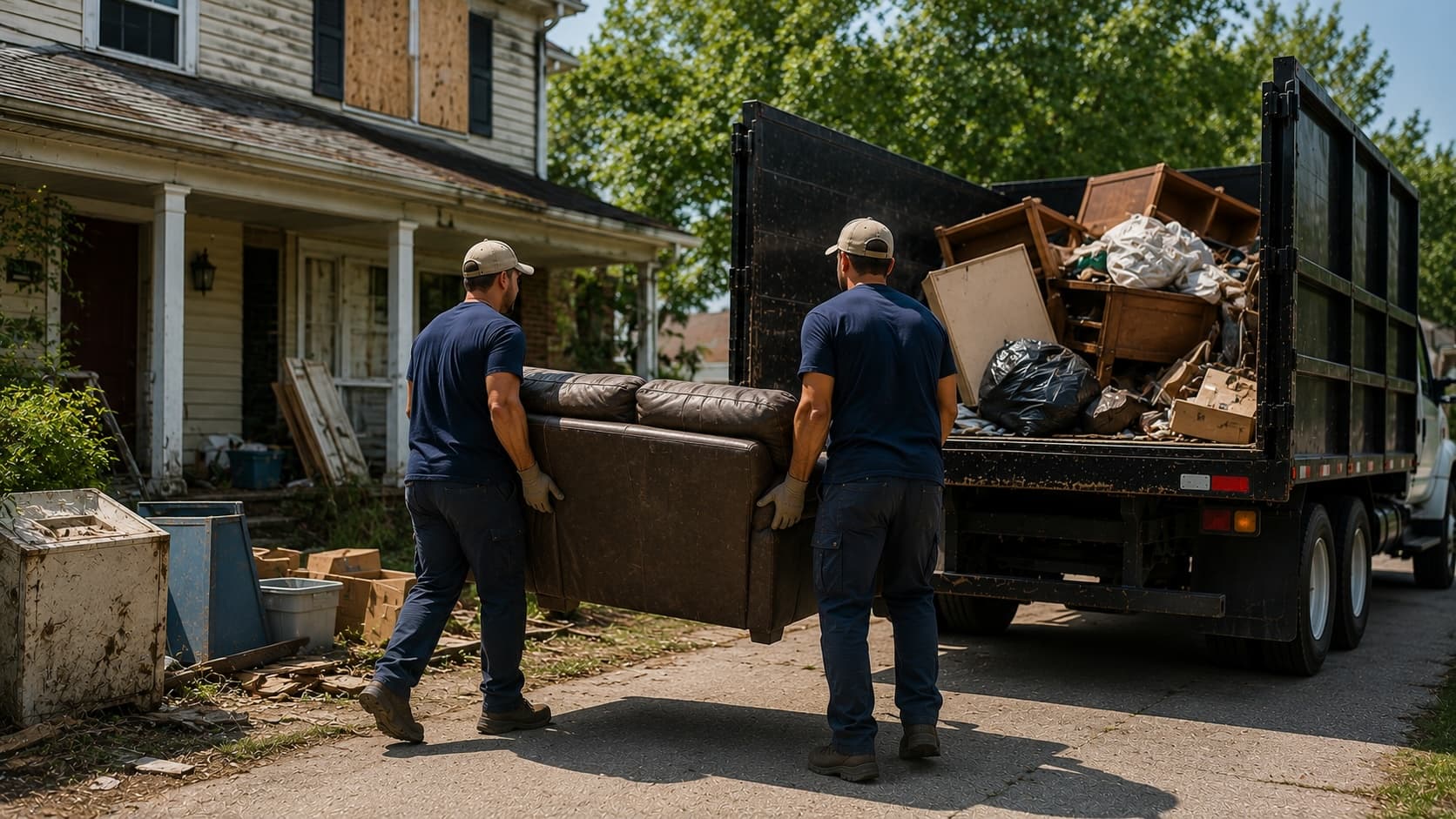 Golden Isles Junk Removal crew hauling out left-behind debris and furniture during a foreclosure cleanout in coastal Georgia.