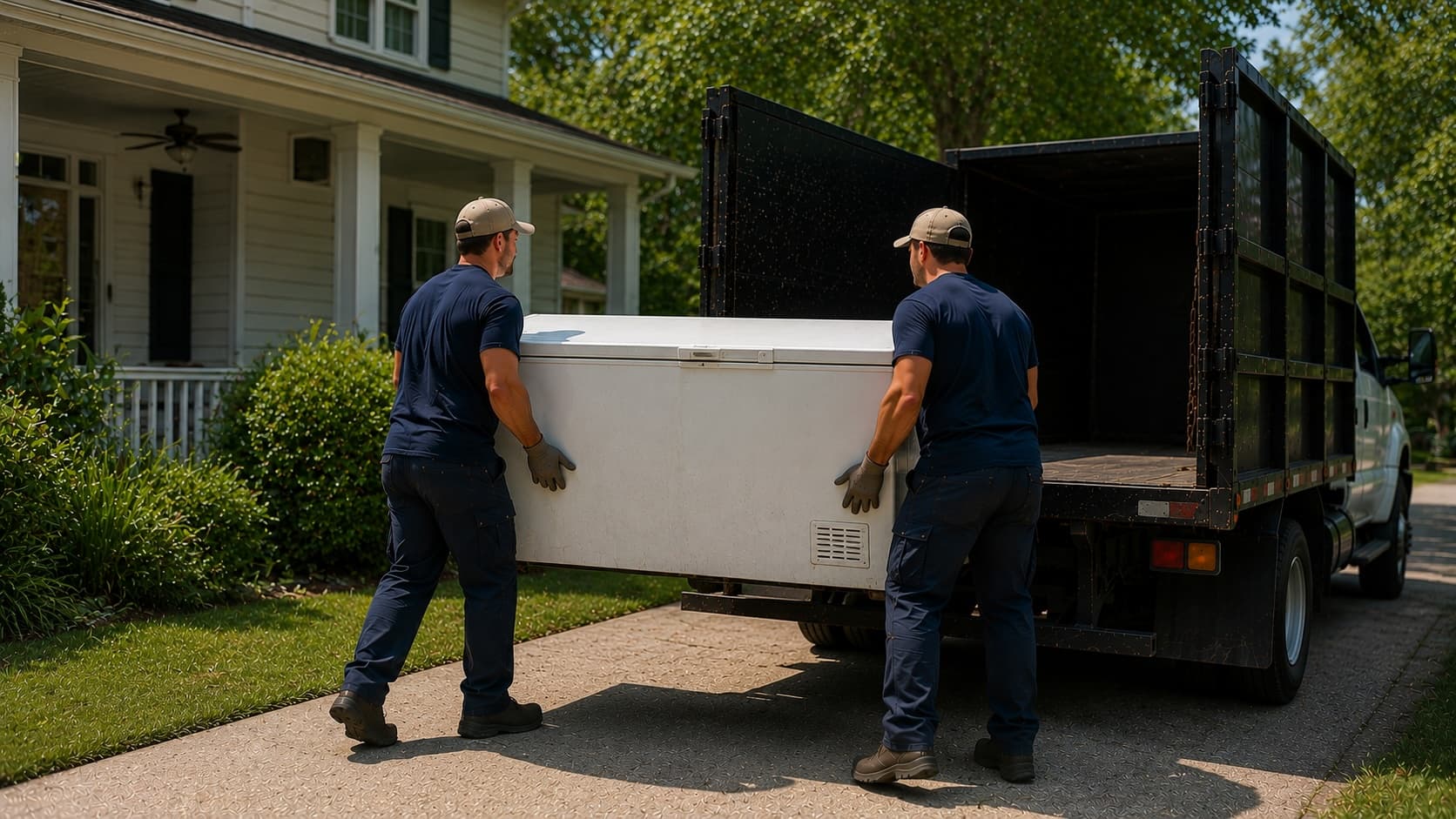 Golden Isles Junk Removal crew hauling away an old upright freezer during an appliance removal in coastal Georgia.