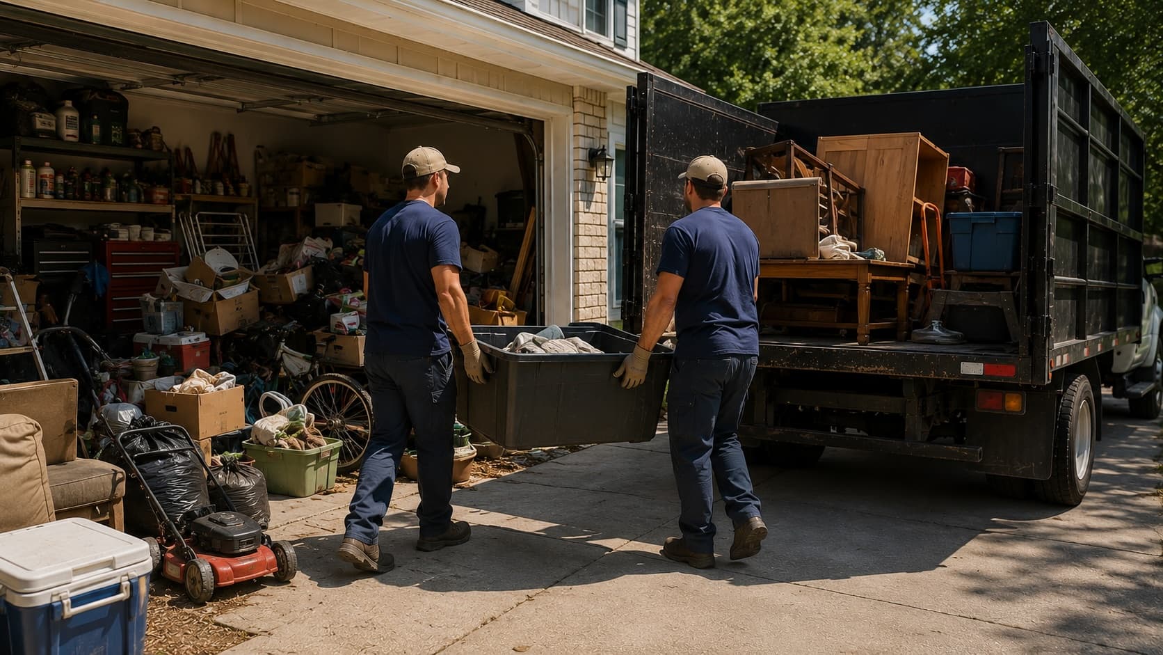Golden Isles Junk Removal crew clearing clutter, tools, and old furniture during a garage cleanout in coastal Georgia.