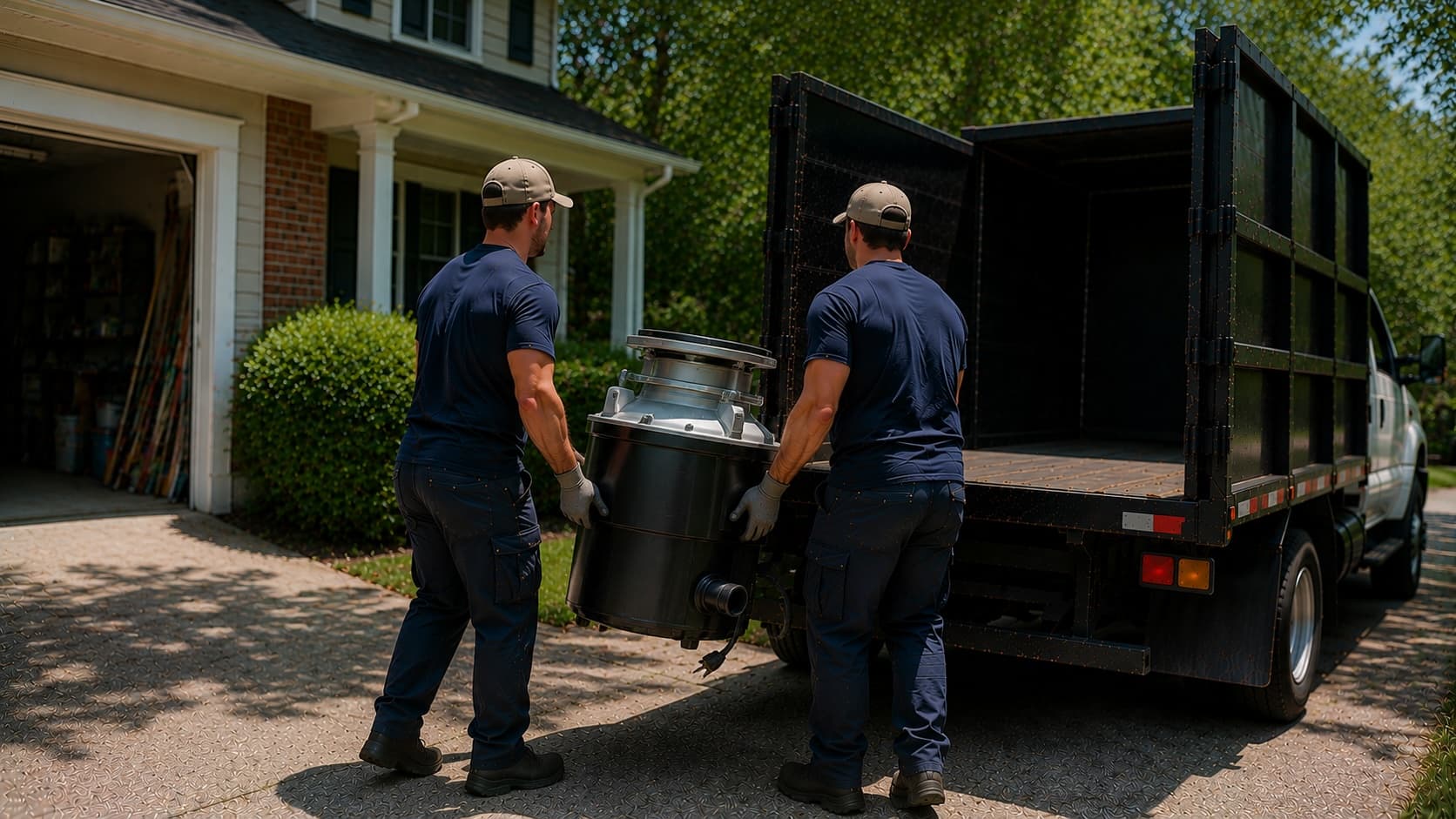Golden Isles Junk Removal crew removing an old under-sink garbage disposal during a kitchen appliance removal in coastal Georgia.