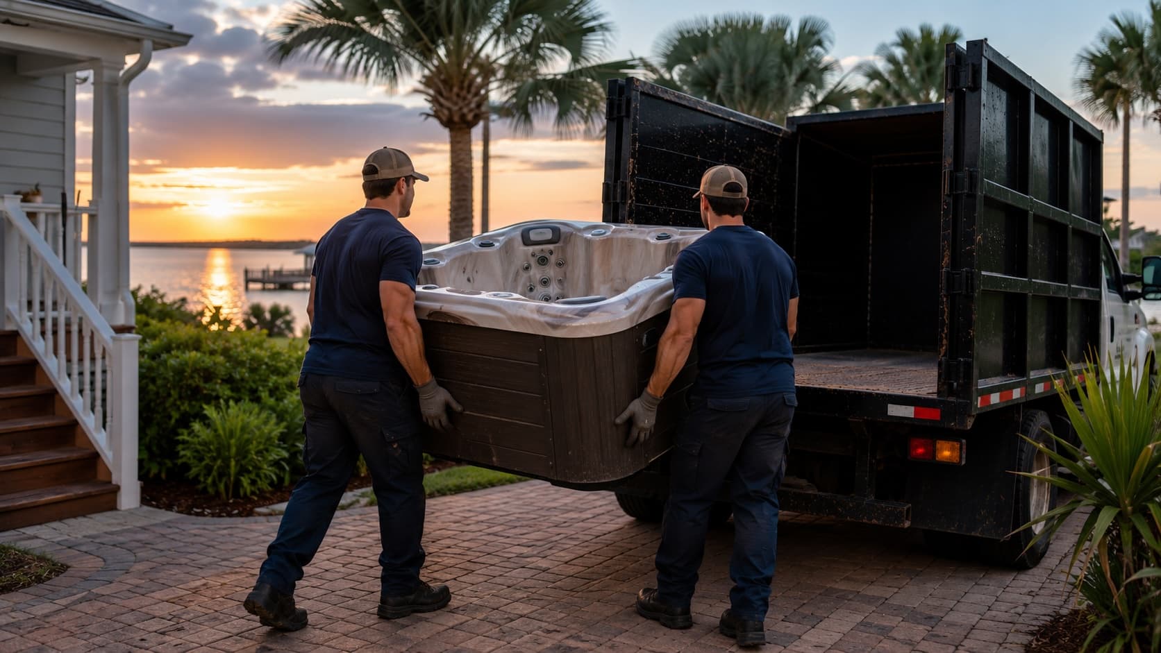 Golden Isles Junk Removal crew draining, dismantling, and hauling away an old backyard hot tub in coastal Georgia.
