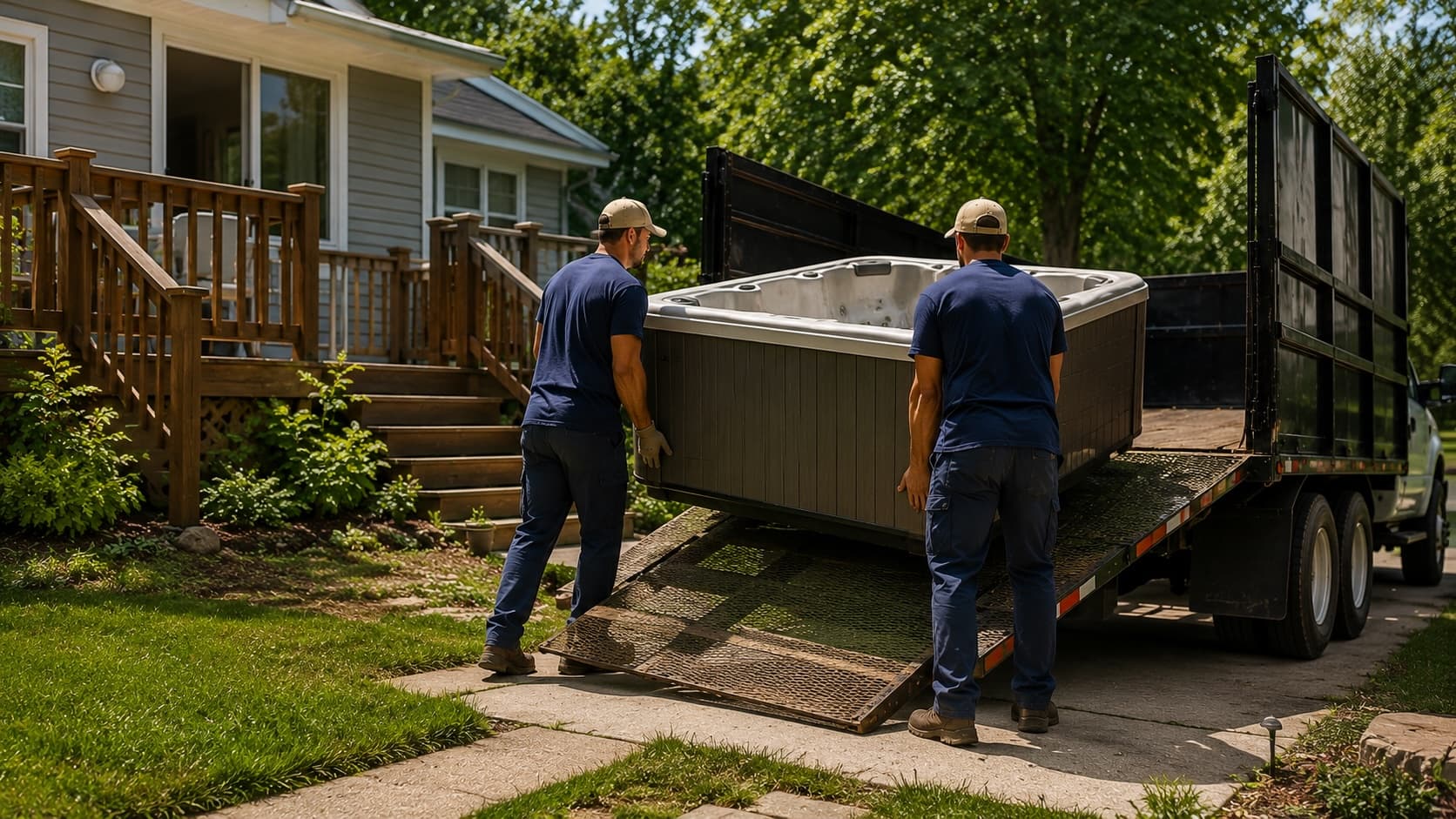 Golden Isles Junk Removal crew dismantling and hauling away a backyard hot tub during a hot tub removal job in coastal Georgia.