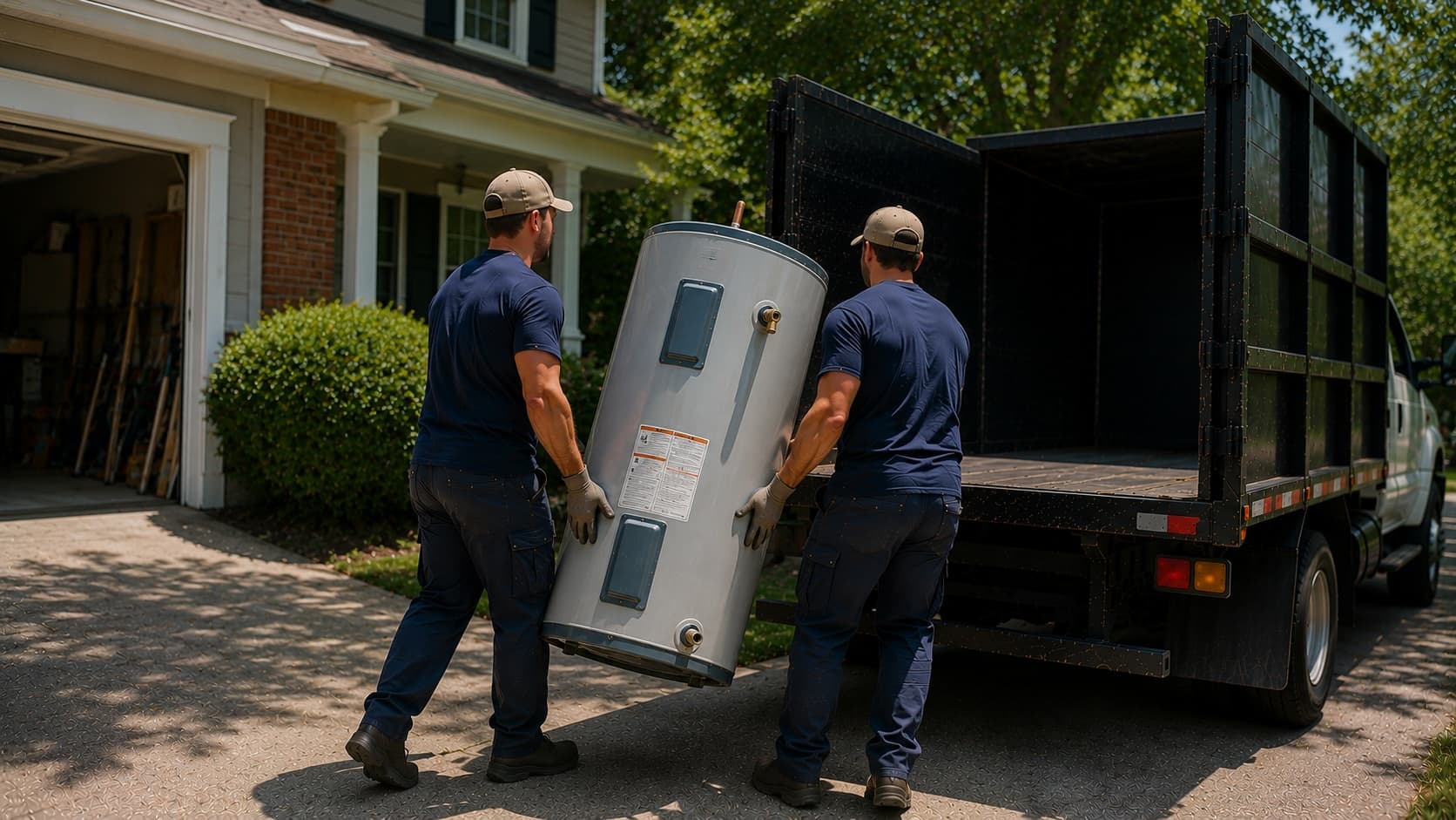 Crew removing an old hot water heater and hauling it away for proper disposal in the Golden Isles.