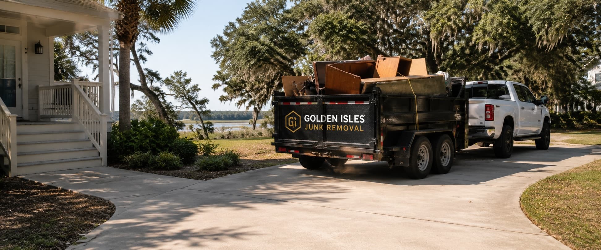 Golden Isles Junk Removal crew loading furniture and household junk into the truck on a coastal Georgia driveway.