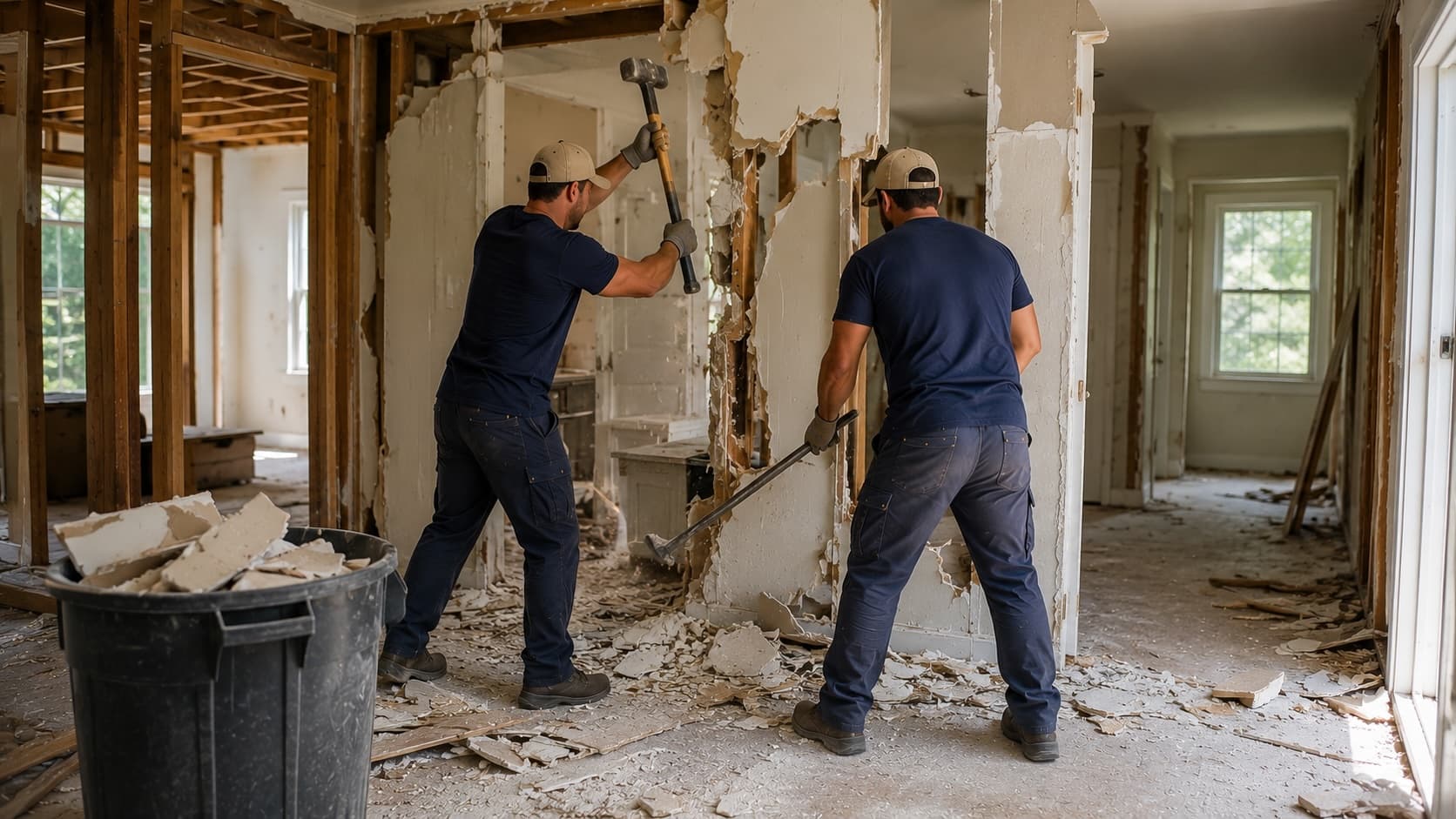 Golden Isles Junk Removal crew tearing down a backyard structure during a light demolition job in coastal Georgia.