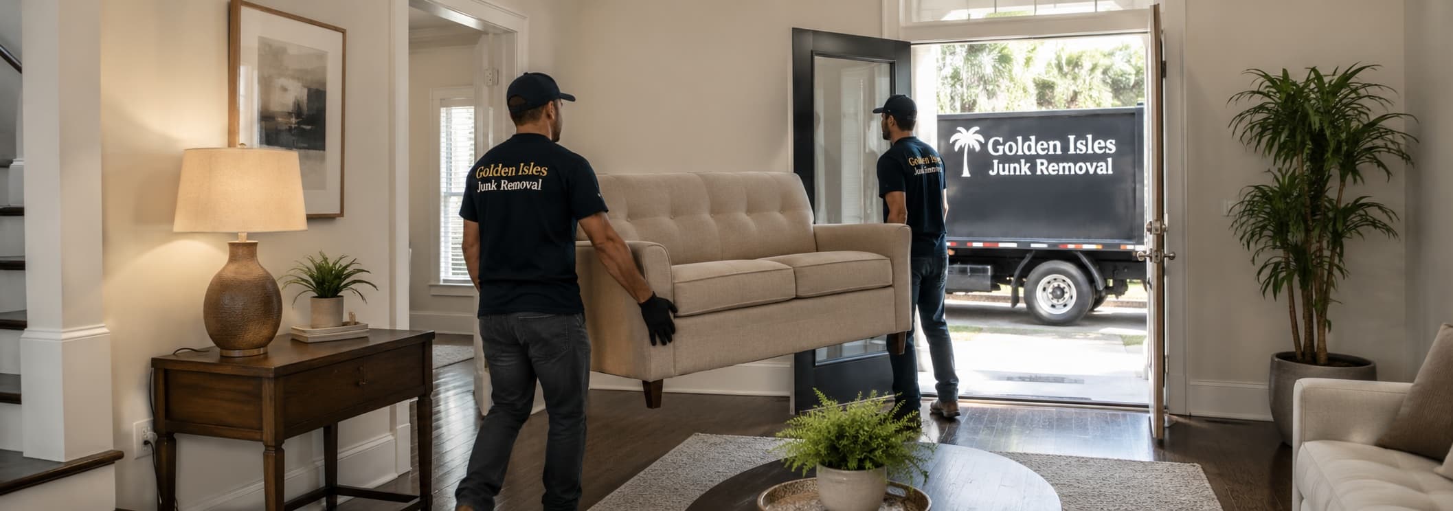 A loveseat carried out for haul-away during a Golden Isles Junk Removal furniture removal in coastal Georgia.