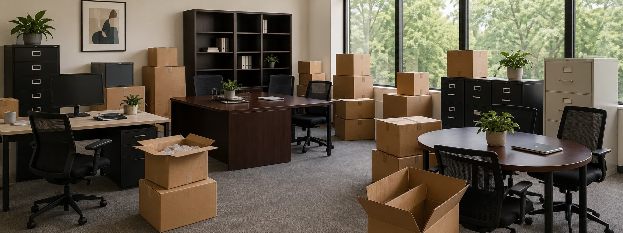Office desks and chairs cleared during a Golden Isles Junk Removal commercial office furniture removal in coastal Georgia.