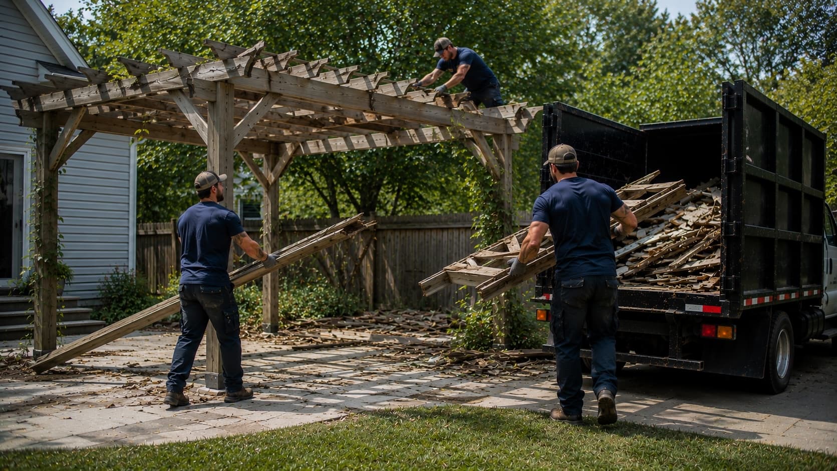 Golden Isles Junk Removal crew tearing down and hauling away a backyard pergola in coastal Georgia.