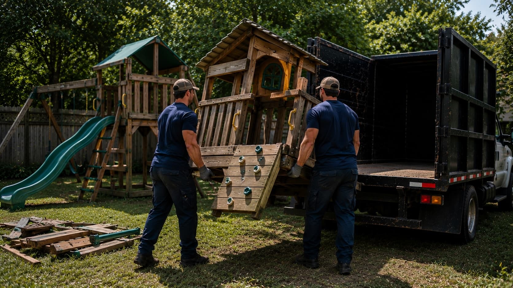 Golden Isles Junk Removal crew disassembling and hauling away a wooden backyard playset and swing set in coastal Georgia.