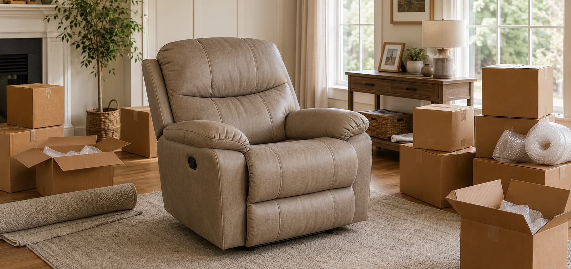 A recliner carried out for haul-away during a Golden Isles Junk Removal furniture removal in coastal Georgia.