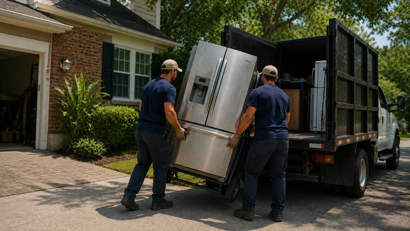 Team removing an old refrigerator from a home in the Golden Isles for fast and responsible appliance disposal.