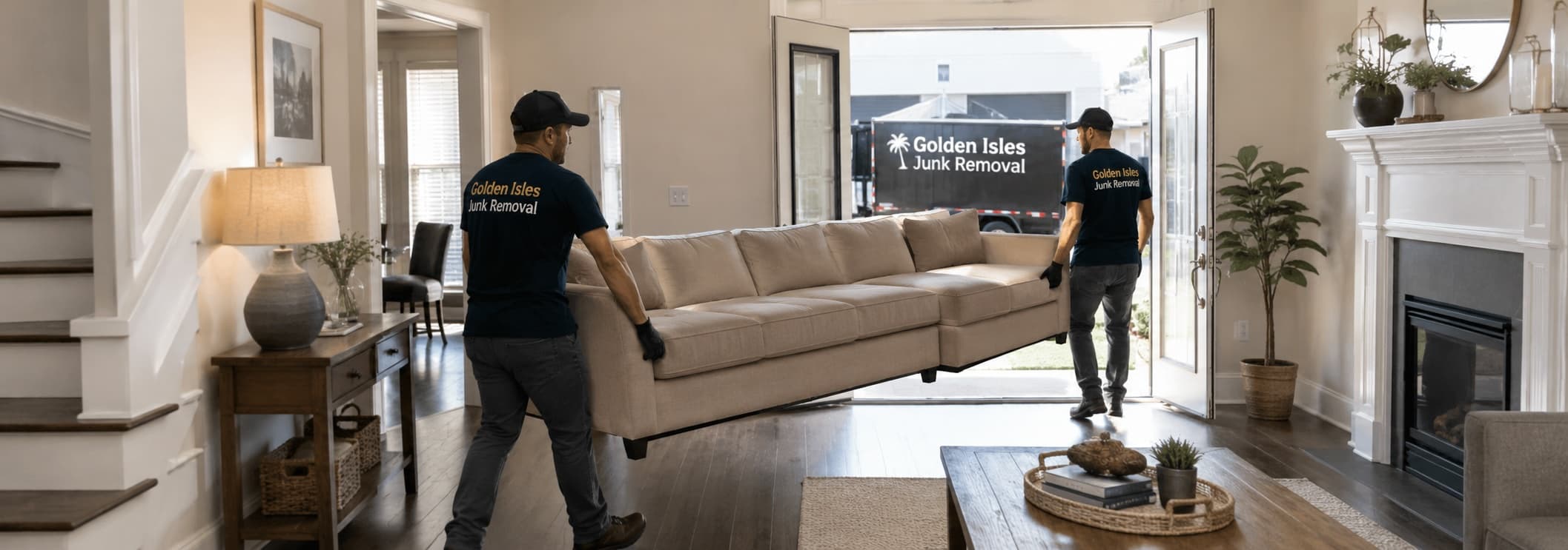 Golden Isles Junk Removal crew carrying a sectional sofa out during a furniture removal in coastal Georgia.