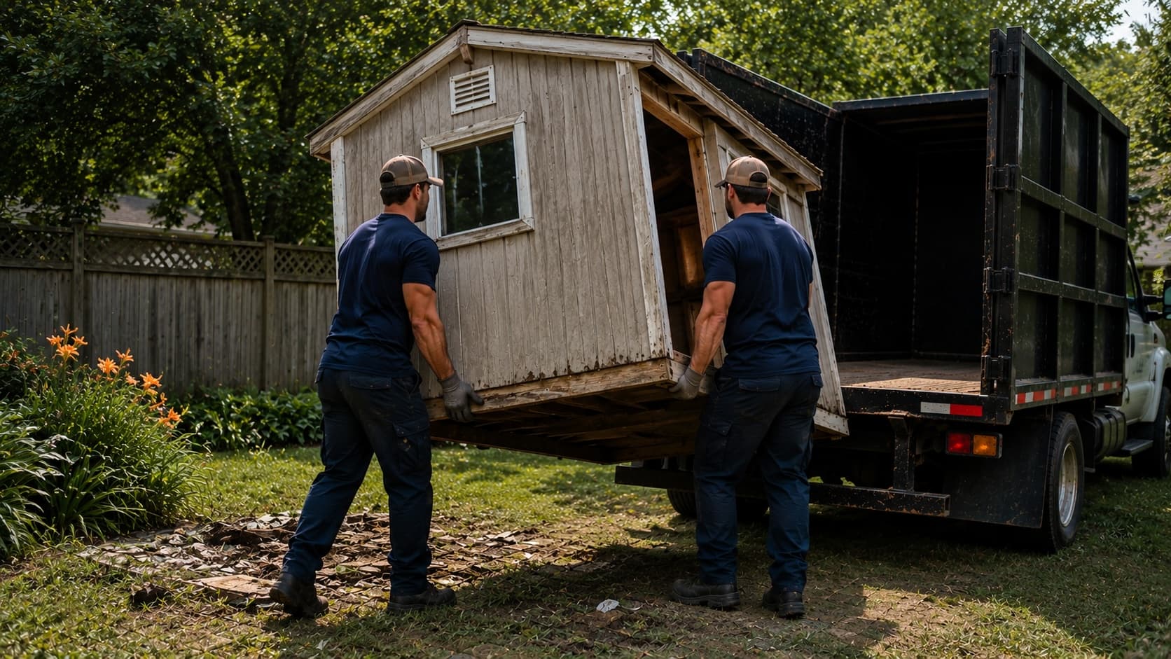 Golden Isles Junk Removal crew demolishing and clearing an old freestanding backyard shed in coastal Georgia.