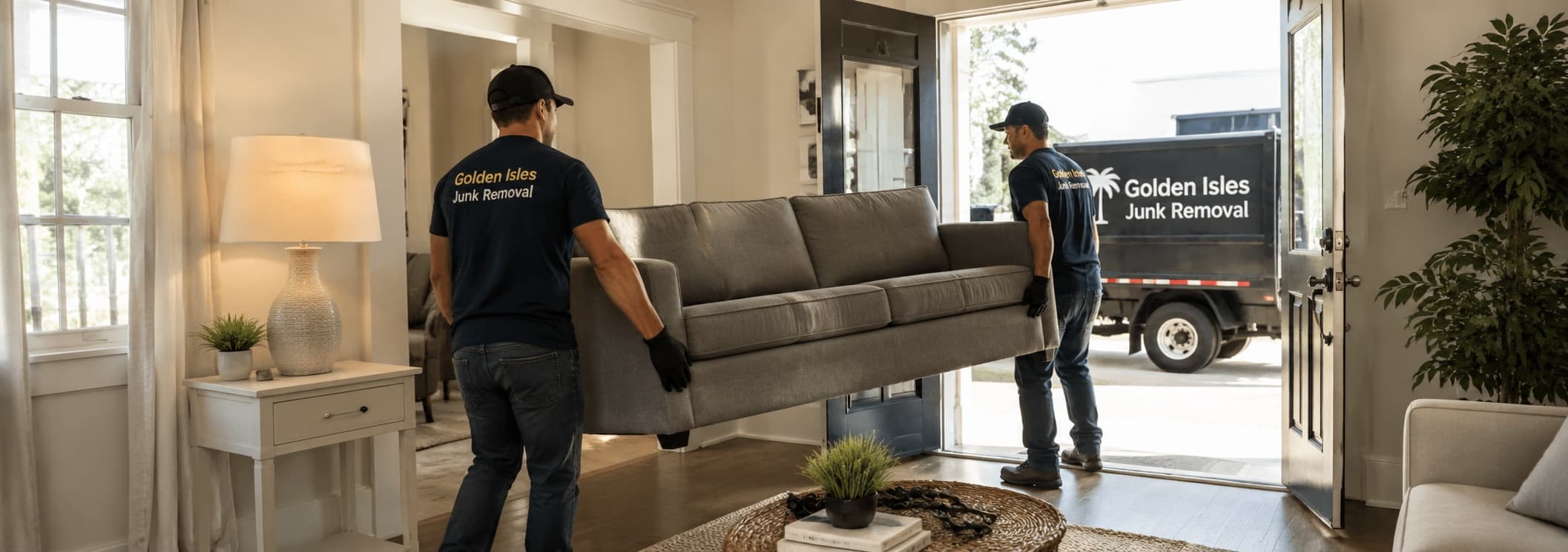 A heavy sleeper sofa carried out by the Golden Isles Junk Removal crew during a furniture removal in coastal Georgia.