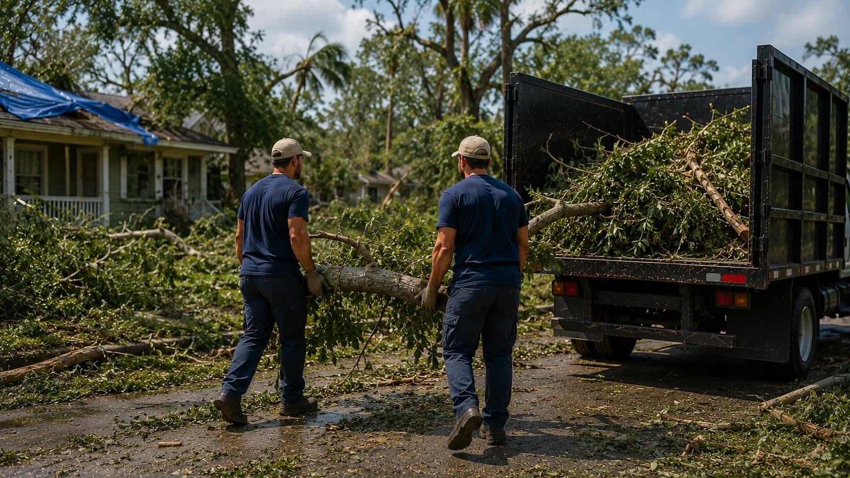 Golden Isles Junk Removal crew loading fallen branches and storm debris into the truck after severe weather in coastal Georgia.