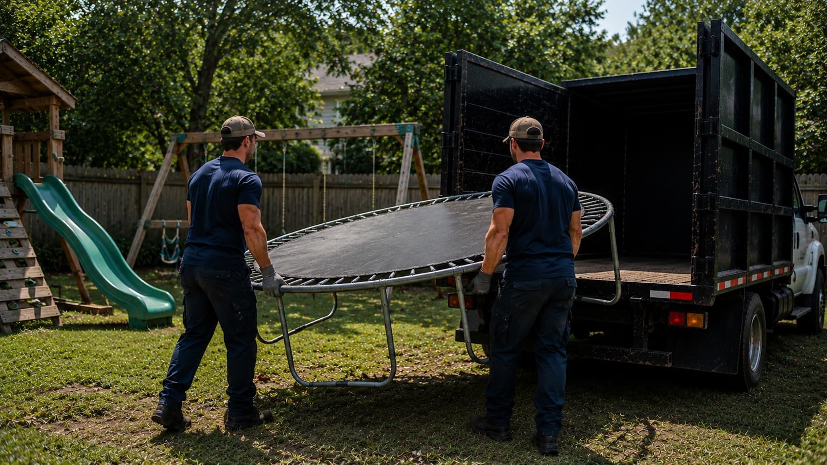 Golden Isles Junk Removal crew taking apart and hauling away a backyard trampoline in coastal Georgia.