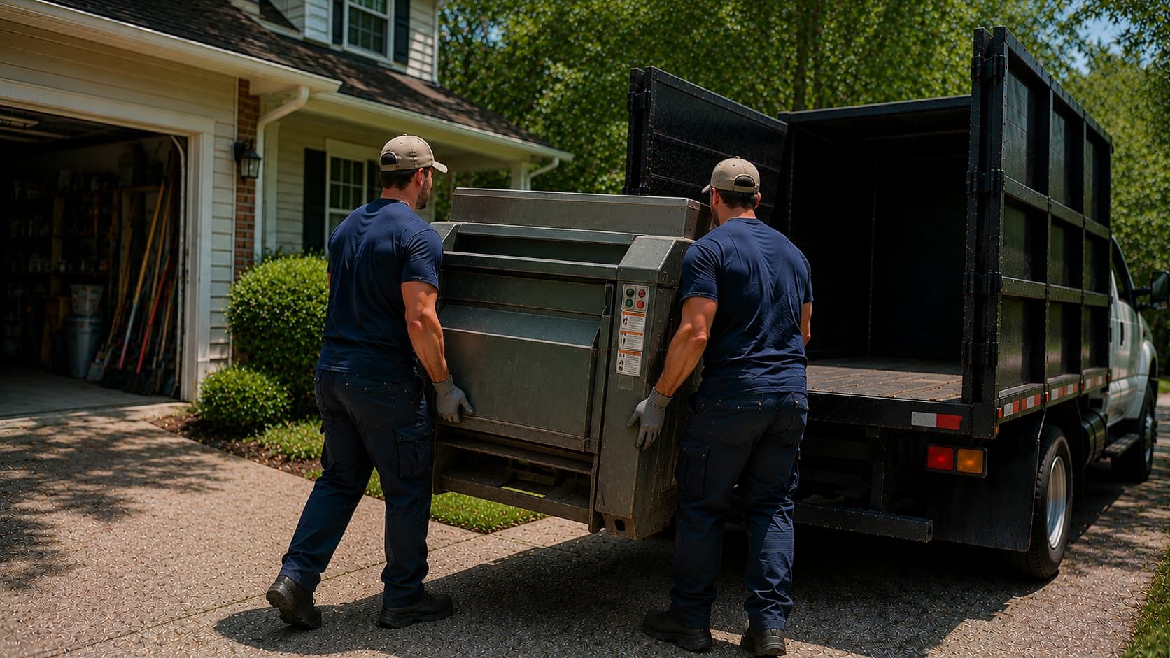 Golden Isles Junk Removal crew hauling away a built-in trash compactor during an appliance removal in coastal Georgia.