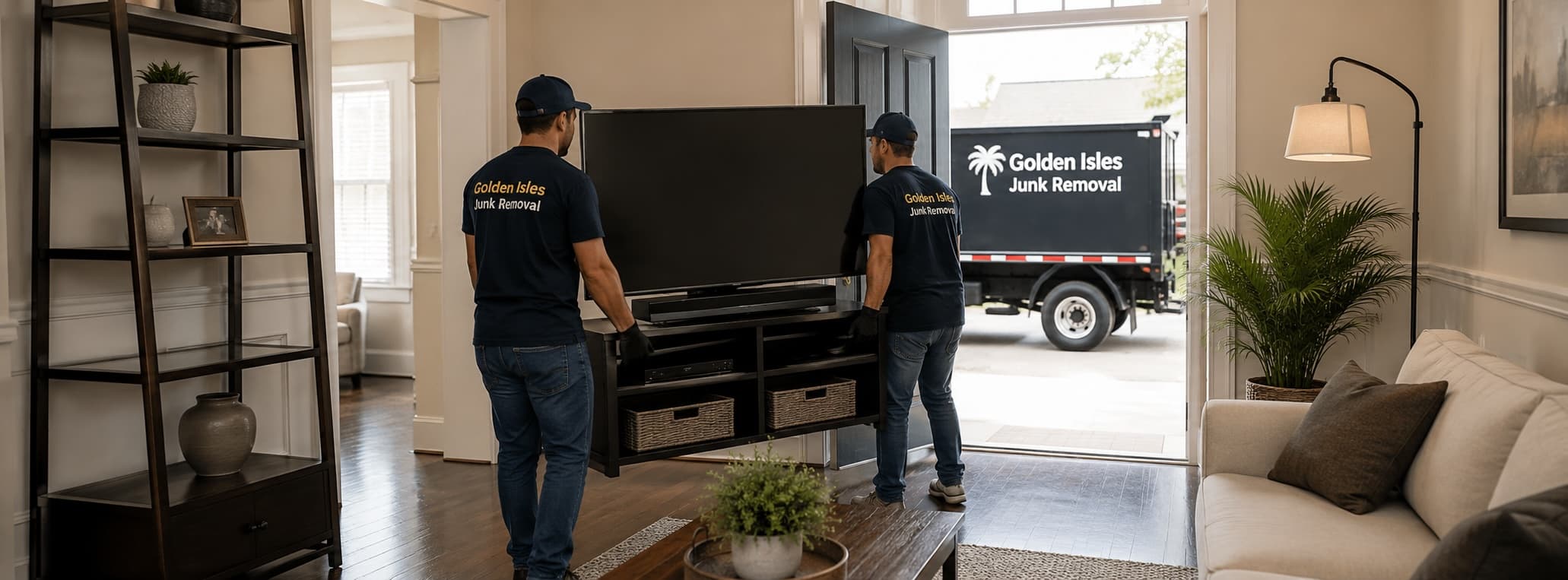A TV stand carried out for haul-away during a Golden Isles Junk Removal furniture removal in coastal Georgia.