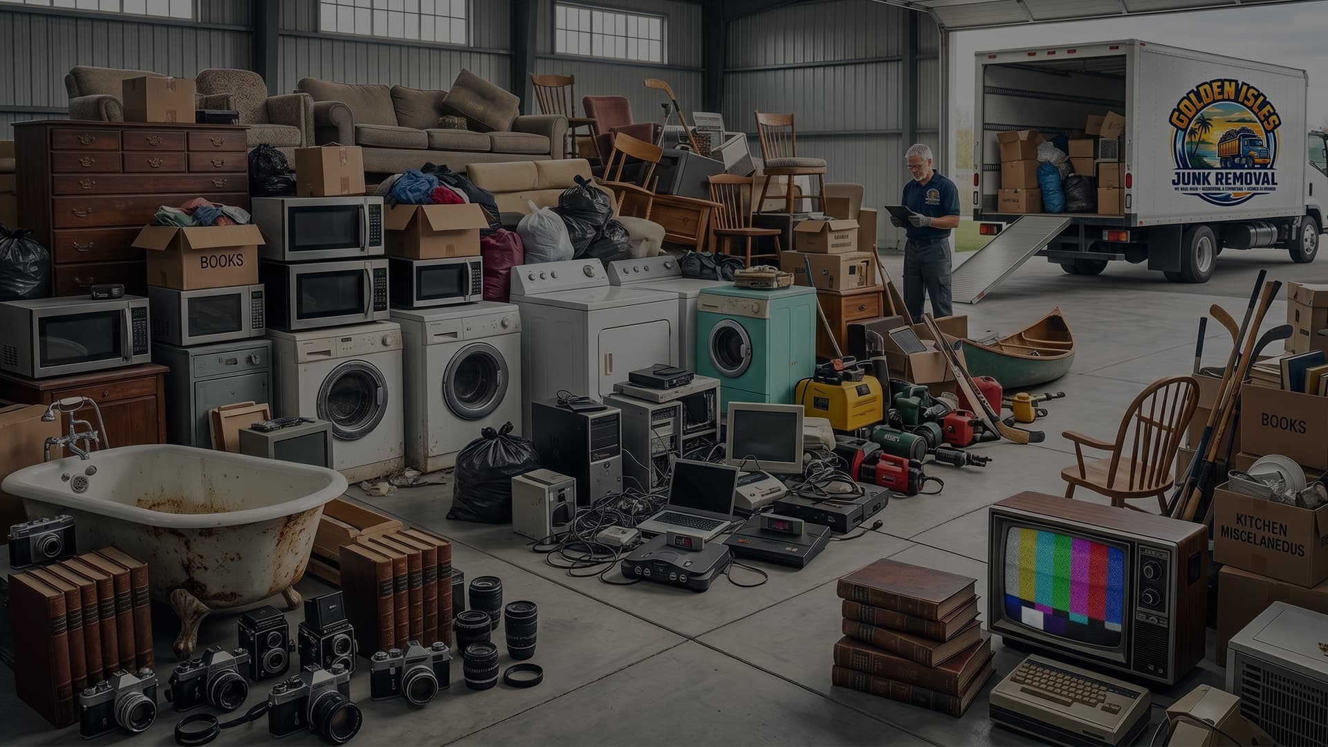 Warehouse floor packed with household items Golden Isles Junk Removal hauls — sofas, dressers, a vintage clawfoot tub, washing machines, tube TVs, computer towers, vintage cameras, and boxes labeled BOOKS. A uniformed crew member stands beside a branded truck, ready for furniture, appliance, and e-waste removal.
